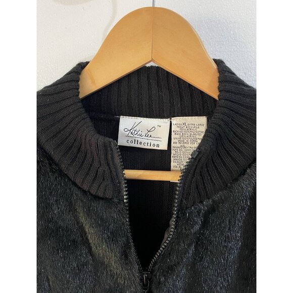 Kathie Lee Black Zip Up Sweater Faux Fur Front Ribbed Back Size XL Jacket - Picture 2 of 6